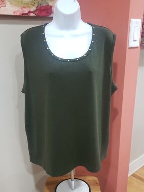 Rafaella Olive Green Crewneck Sleeveless Sweater Top with Gold Studs, 3X